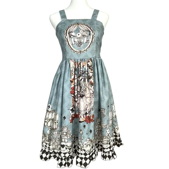 Lolita Alice in Wonderland White Rabbit Fit & Flare Blue Smocked Ruffle Dress M - Picture 1 of 13
